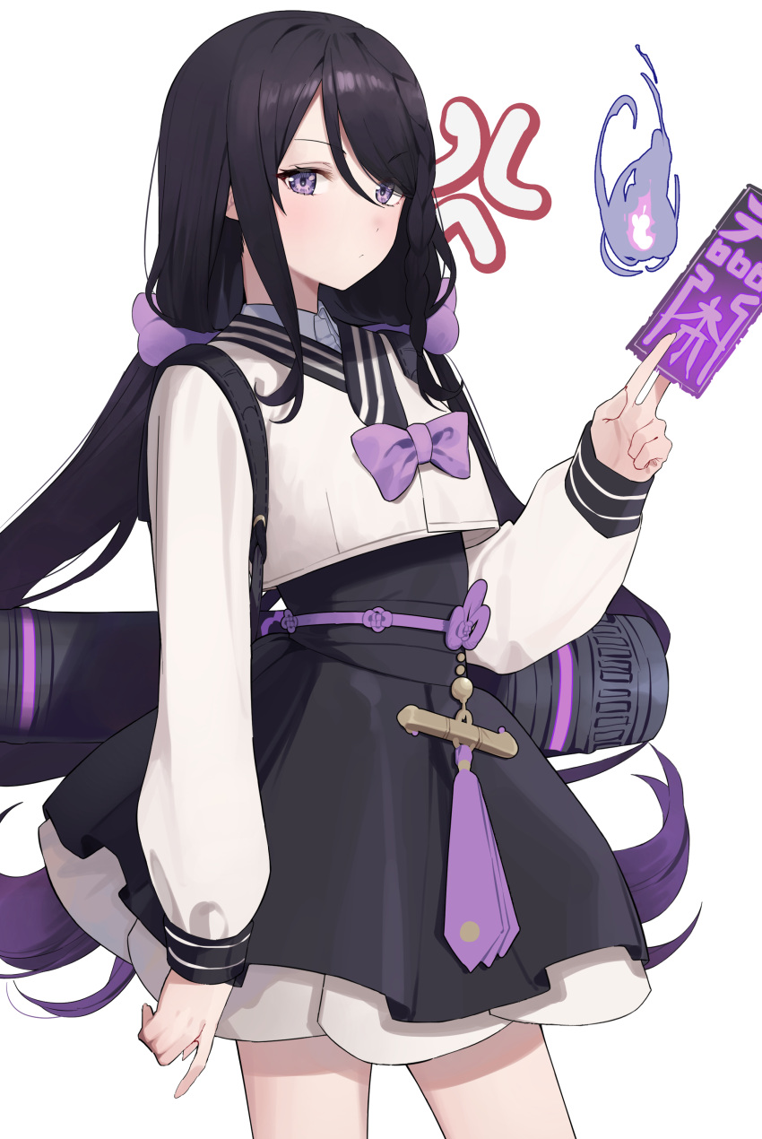 1girl, absurdres, bangs, black_hair, black_skirt, black_survival, blush, bow, closed_mouth, cowboy_shot, crop_top, crop_top_overhang, eyebrows_visible_through_hair, gradient_hair, high-waist_skirt, highres, hitodama, holding, hyejin_(black_survival), long_hair, long_sleeves, looking_at_viewer, multicolored_hair, purple_bow, purple_hair, shirt, simple_background, skirt, solo, standing, swept_bangs, syhan, talisman, twintails, very_long_hair, violet_eyes, white_background, white_shirt