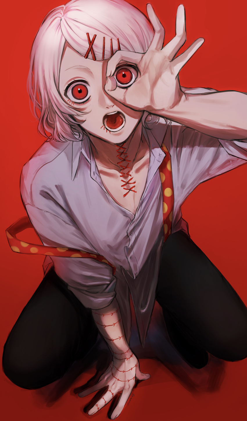 1boy, :o, absurdres, androgynous, arm_support, bangs, black_pants, collarbone, grey_background, hair_ornament, hairclip, highres, looking_at_viewer, male_focus, ok_sign, ok_sign_over_eye, pants, red_background, red_eyes, shirt, short_hair, simple_background, solo, squatting, stitches, suspenders, suzuya_juuzou, teeth, tian_lu, tokyo_ghoul, white_hair, x_hair_ornament