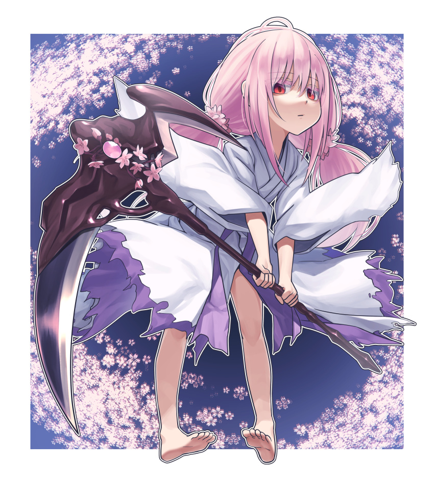 1girl, absurdres, cherry_blossoms, duel_monster, ghost_reaper_&amp;_winter_cherries, highres, japanese_clothes, long_hair, long_sleeves, looking_at_viewer, low_twintails, pink_hair, red_eyes, scythe, solo, twintails, wide_sleeves, xin_lan_deng, yu-gi-oh!