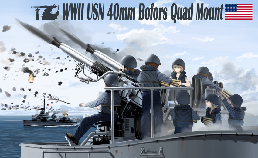 6+girls, aa_gun, aircraft, airplane, american_flag, autocannon, blonde_hair, blue_eyes