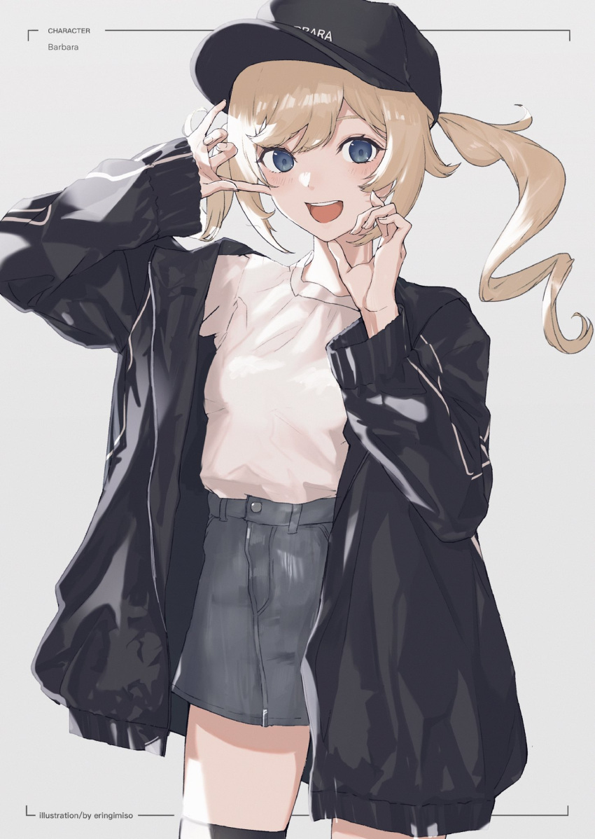 1girl, :d, alternate_costume, barbara_(genshin_impact), black_jacket, blonde_hair, blue_eyes, blush