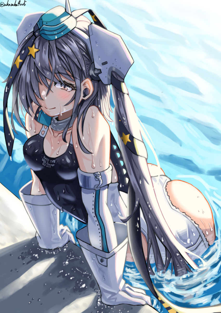1girl, akasaka4005, aqua_headwear, ass, black_ribbon, black_swimsuit, competition_swimsuit, cowboy_shot