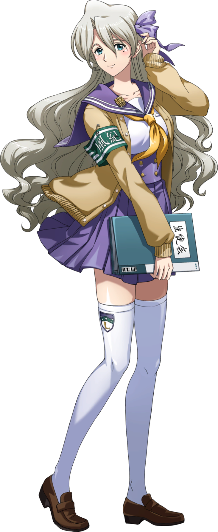 1girl, adjusting_hair, bangs, blue_eyes, blush, bow, brown_footwear, cardigan