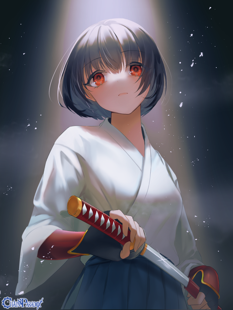 1girl, bangs, black_hair, bob_cut, chain_paradox, commentary_request, eyebrows_visible_through_hair, fingerless_gloves, gloves, holding, holding_sword, holding_weapon, japanese_clothes, katana, looking_at_viewer, official_art, original, sheath, shirt, solo, sword, tokimaru, unsheathing, weapon, white_shirt