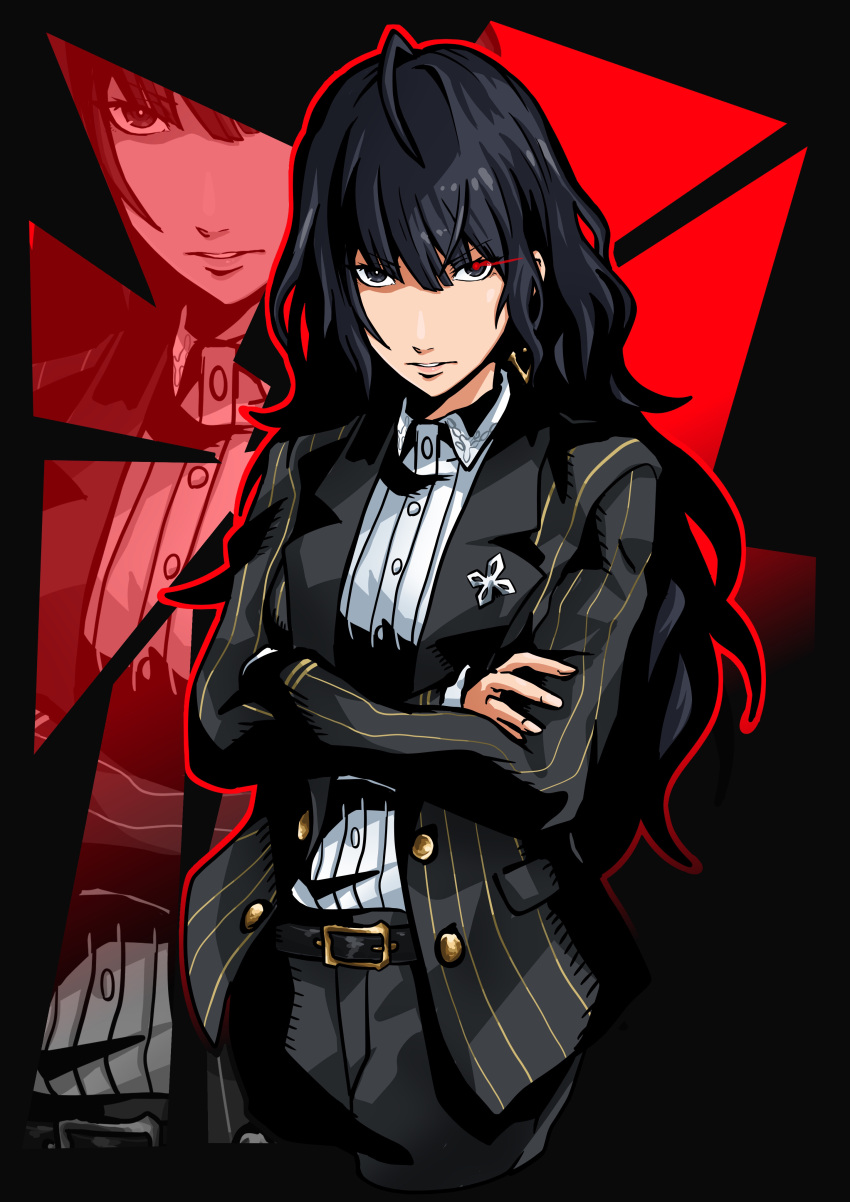 1girl, absurdres, belt, black_gloves, black_hair, black_pants, black_shirt, crossed_arms