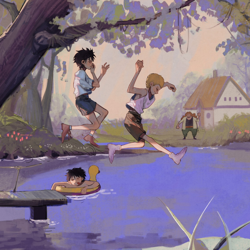 3boys, akihare, barefoot, black_hair, blonde_hair, brothers, closed_eyes, curly_dadan, duck_innertube, highres, holding_breath, jumping, lake, male_focus, midair, monkey_d._luffy, multiple_boys, nature, one_piece, portgas_d._ace, sabo_(one_piece), short_sleeves, shorts, siblings, sleeveless, smile, younger