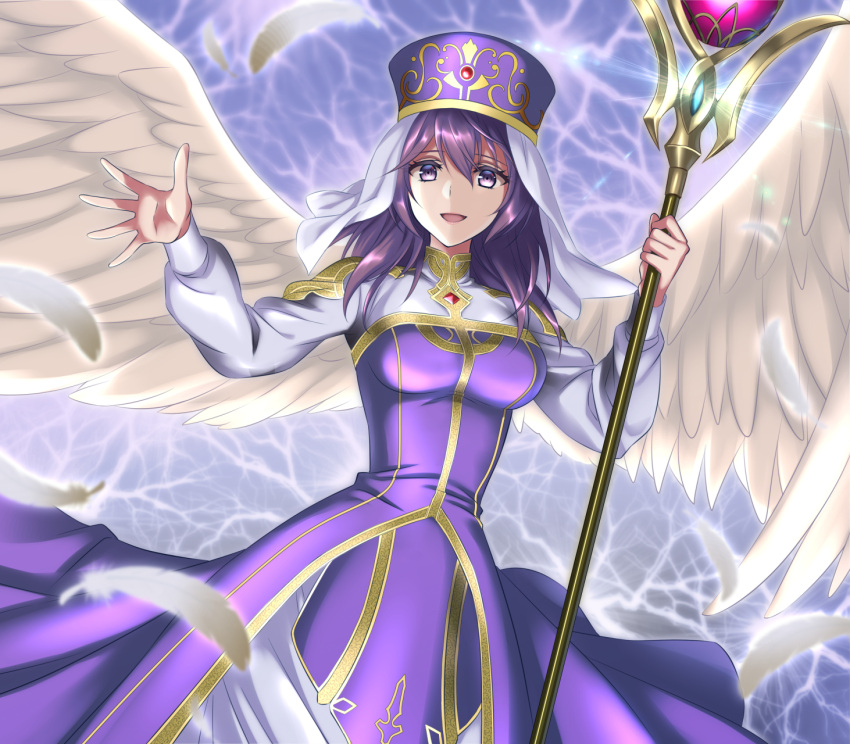 1girl, :d, angel_wings, breasts, commentary_request, dress, eremiya, fire_emblem