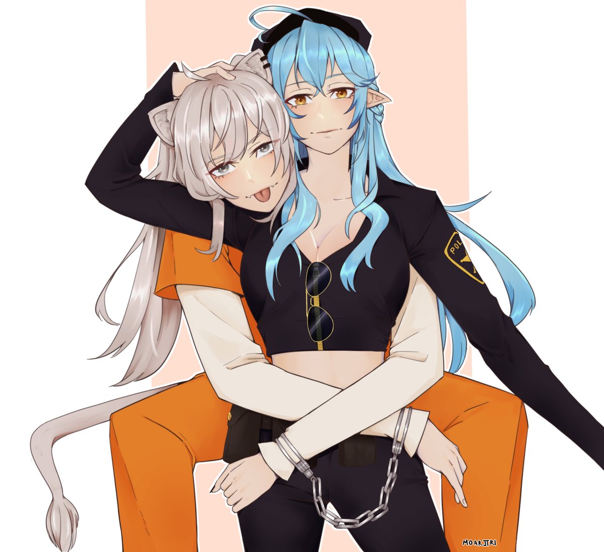 ahoge, animal_ears, bangs, blue_hair, chain, cuffs, ear_piercing, hololive