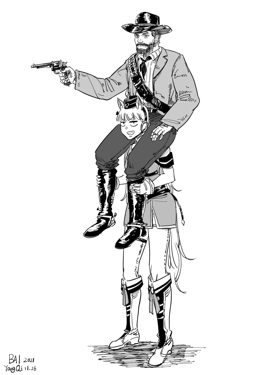 1boy, 1girl, absurdres, animal_ears, armband, arthur_morgan, ascot, bandolier, boots, comrade_bai_yangqi, cowboy_boots, cowboy_hat, crossover, dated, dress, eyebrows_visible_through_hair, facial_hair, gloves, gold_ship_(umamusume), gun, handgun, hat, headgear, highres, holding, holding_gun, holding_weapon, horse_ears, horse_girl, horse_tail, knee_boots, pantyhose, pillbox_hat, red_dead_redemption_2, revolver, signature, tail, umamusume, weapon