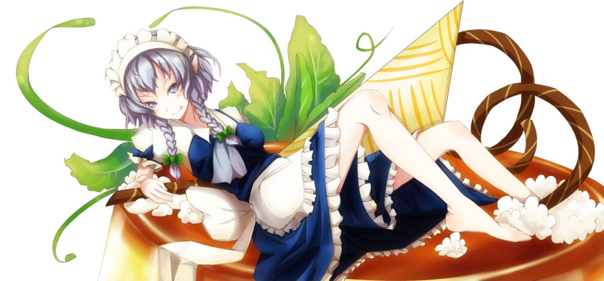 bad_feet, braid, cheshuilishang, food, girl_on_food, in_food, izayoi_sakuya, licking_lips
