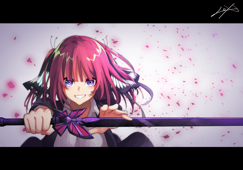 1girl, bangs, black_cardigan, black_ribbon, blue_eyes, blunt_bangs, blush, breasts