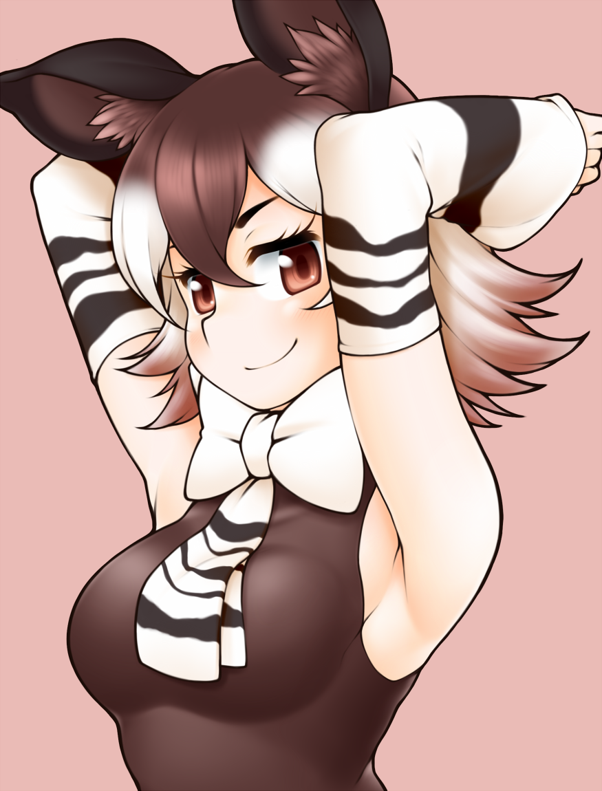>:), 1girl, armpit_focus, armpits, arms_behind_head, arms_up, bow, bowtie