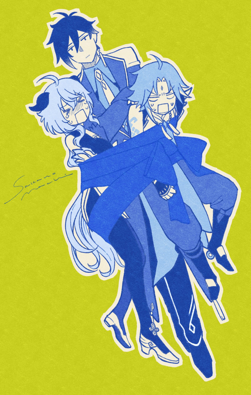 >_<, 1girl, 2boys, ahoge, arm_tattoo, bangs, blank_eyes, blue_theme