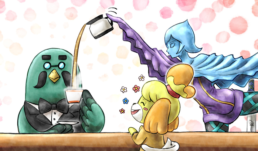 1boy, 2girls, ^_^, animal_crossing, animal_ears, animal_nose, aqua_fur, arm_up