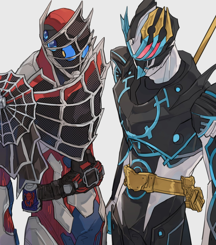 2boys, armor, bbbb_fex, black_armor, blue_eyes, blue_horns, crossover, demons_driver