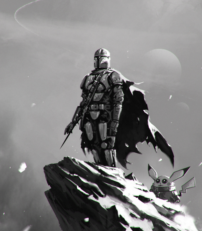 1boy, absurdres, armor, cape, cosplay, din_djarin, greyscale, grogu