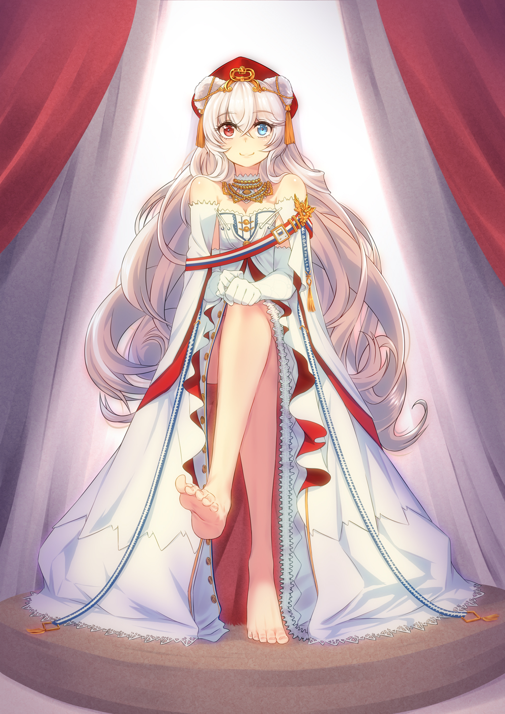animal_ears, arknights, bare_legs, barefoot, bear, bear_ears, bear_girl, feet, heterochromia, highres, long_hair, long_skirt, looking_at_viewer, multicolored_hair, official_alternate_costume, polar_bear, red_curtains, rosa_(arknights), rosa_(masterpiece)_(arknights), silver_hair, skirt, soles, streaked_hair, thighs, toes, ursus_empire_logo, white_hair, white_skirt, yamauchi_(conan-comy)