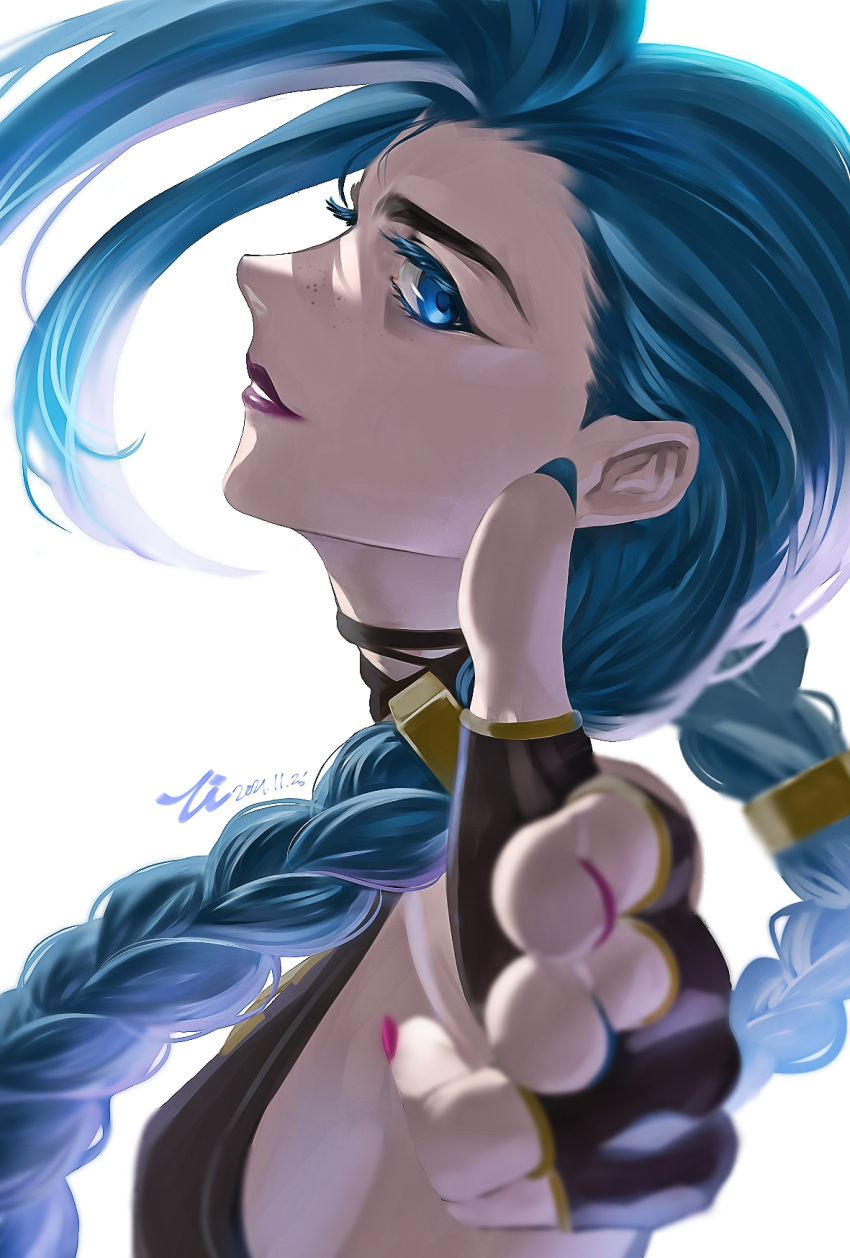 1girl, arcane:_league_of_legends, asymmetrical_bangs, bangs, blue_eyes, blue_hair, braid, breasts, cheng_(zi74438982), dated, finger_gun, fingerless_gloves, foreshortening, from_side, gloves, highres, jinx_(league_of_legends), league_of_legends, long_hair, medium_breasts, nail_polish, parted_lips, pink_nails, signature, simple_background, smile, solo, teeth, twin_braids, white_background