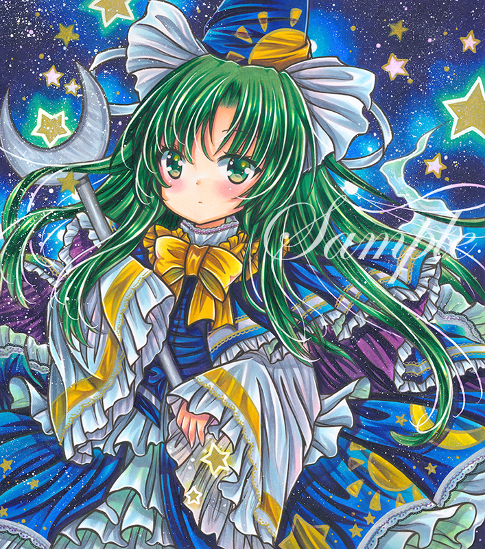 1girl, blue_background, blue_capelet, blue_dress, blue_headwear, blush, bow, bowtie, capelet, closed_mouth, cowboy_shot, crescent, dress, eyebrows_visible_through_hair, frilled_capelet, frilled_dress, frills, green_eyes, green_hair, holding, holding_wand, long_hair, long_sleeves, looking_at_viewer, marker_(medium), mima_(touhou), print_dress, print_headwear, rui_(sugar3), sample, solo, star_(symbol), touhou, touhou_(pc-98), traditional_media, wand, wide_sleeves, yellow_bow, yellow_bowtie