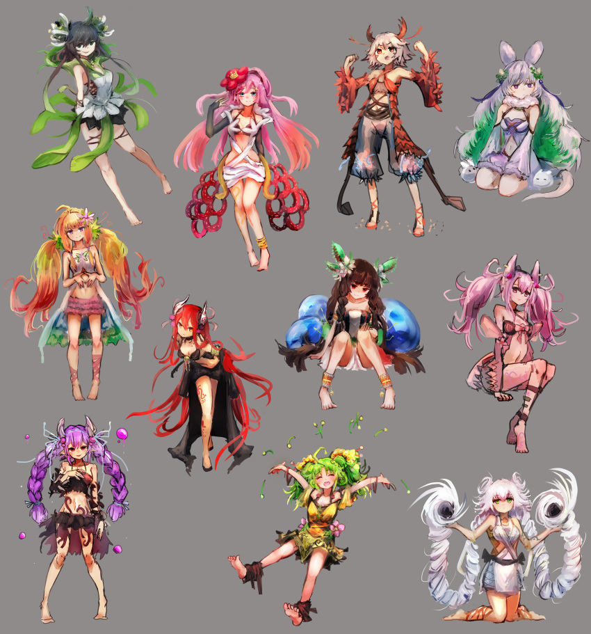 6+girls, absurdres, anklet, barefoot, black_hair, blonde_hair, braid, brown_hair
