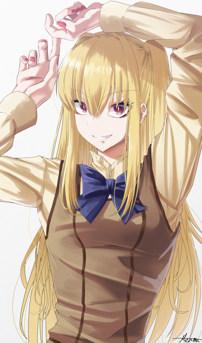 1boy, absurdres, ame_no_kisaki_academy_uniform, arms_up, blonde_hair, blue_bow, bow, bowtie