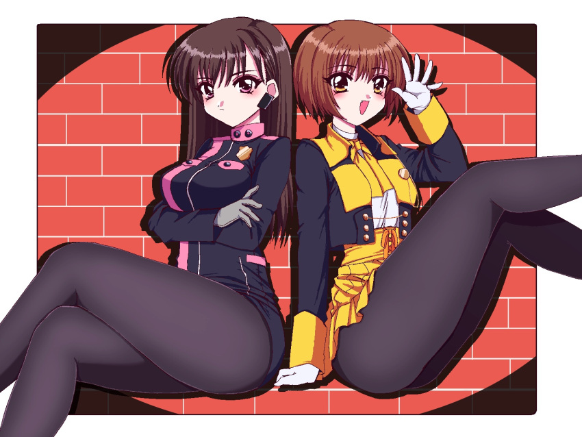 2girls, :d, bangs, black_hair, black_jacket, bow, brown_hair, closed_mouth