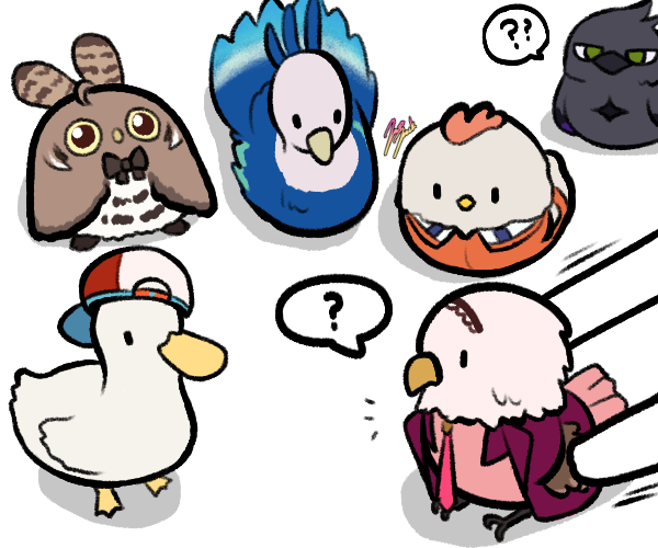 ?, animalization, bird, character_request, chopsticks, duck, feathers, hakos_baelz