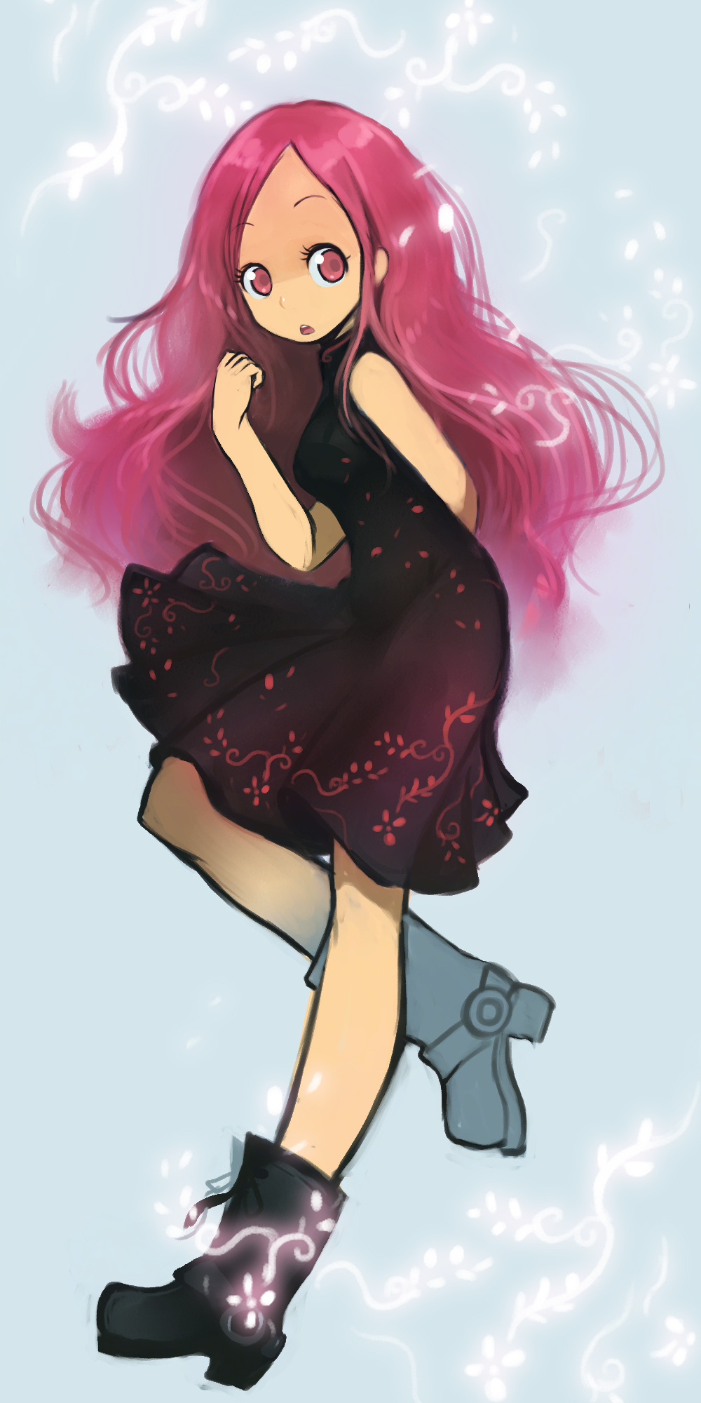 black_dress, boots, dress, highres, long_hair, okera, open_mouth, original