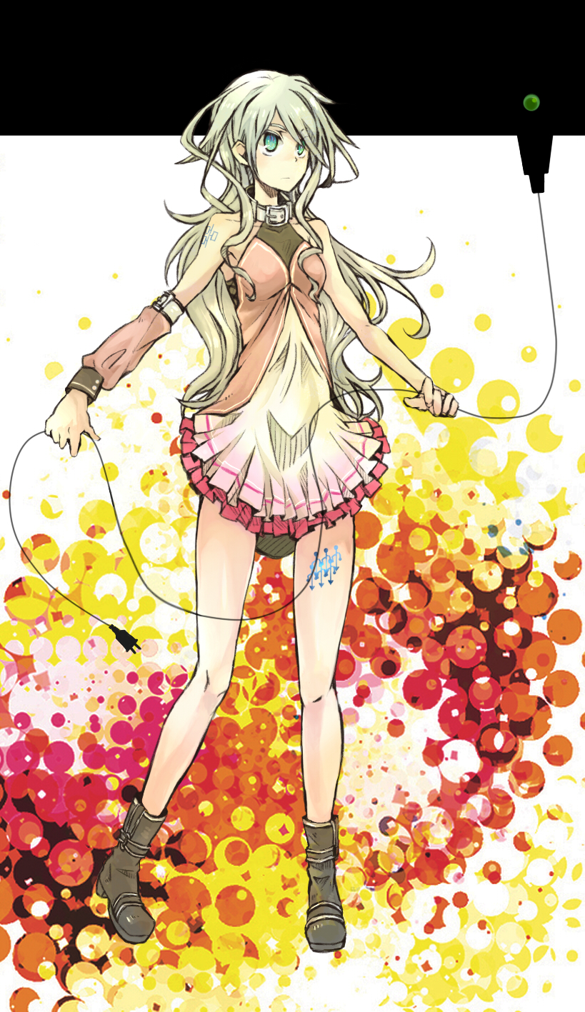 bare_shoulders, blonde_hair, boots, collar, detached_sleeves, dress, green_eyes, highres