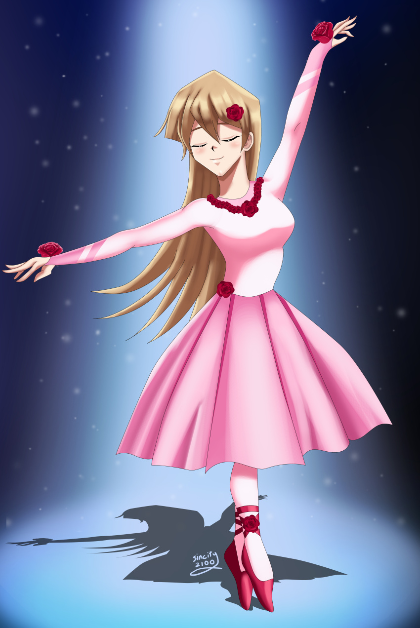 1girl, ballerina, blonde_hair, closed_eyes, cute, dancing, dark_background, deviantart, deviantart_username, fanart_from_deviantart, happy, long_hair, pink_dress, sincity2100, smile, spotlight, tenjouin_asuka, tutu, yu-gi-oh!, yuu-gi-ou, yuu-gi-ou_gx
