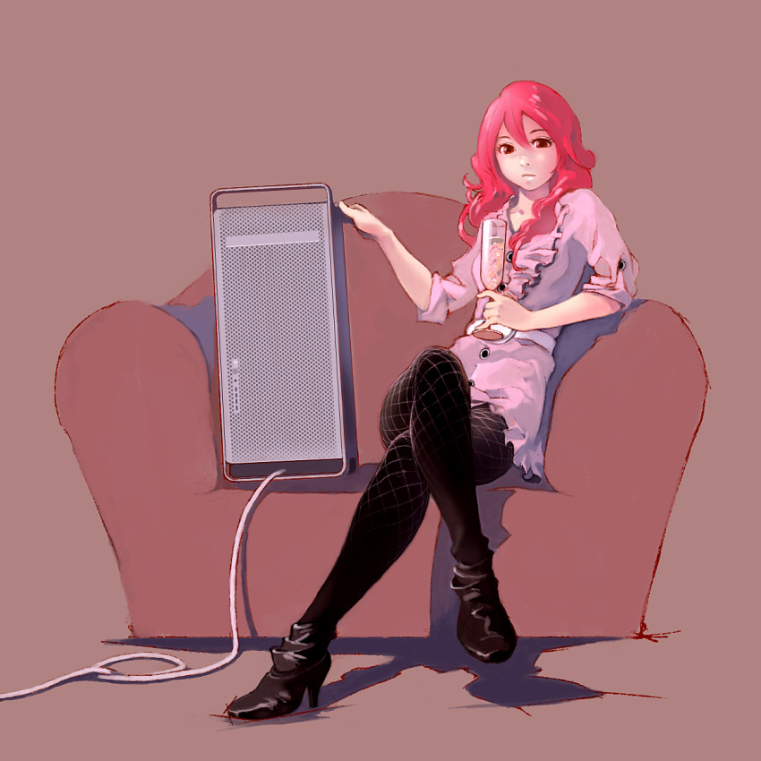 bad_id, boots, champagne, computer, couch, crossed_legs, dress, fishnet_pantyhose