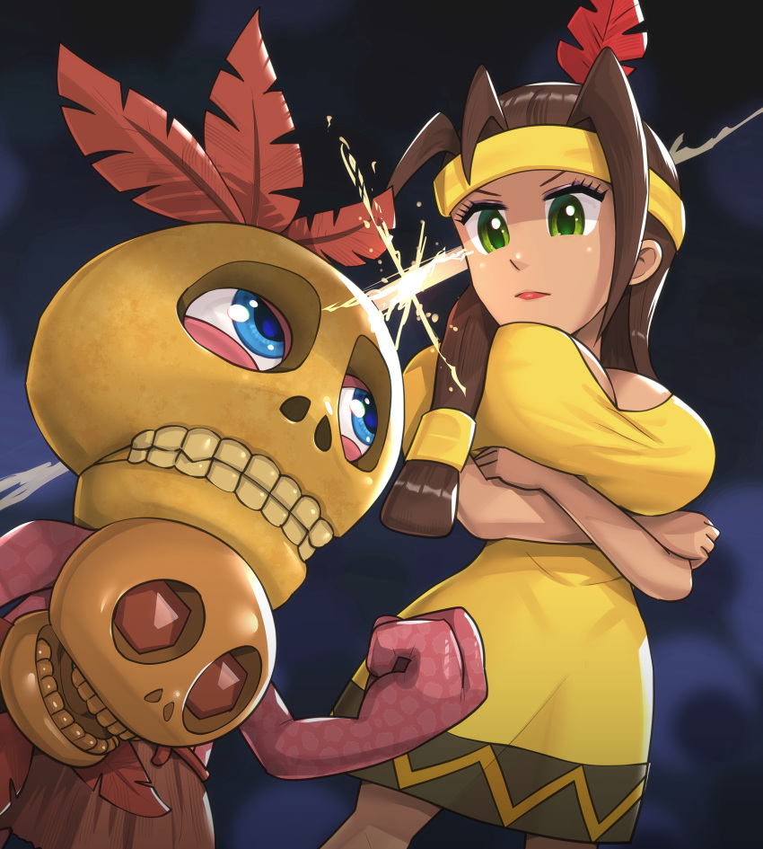 1boy, 1girl, banjo-kazooie, blue_eyes, breasts, brown_hair, crossed_arms, dress