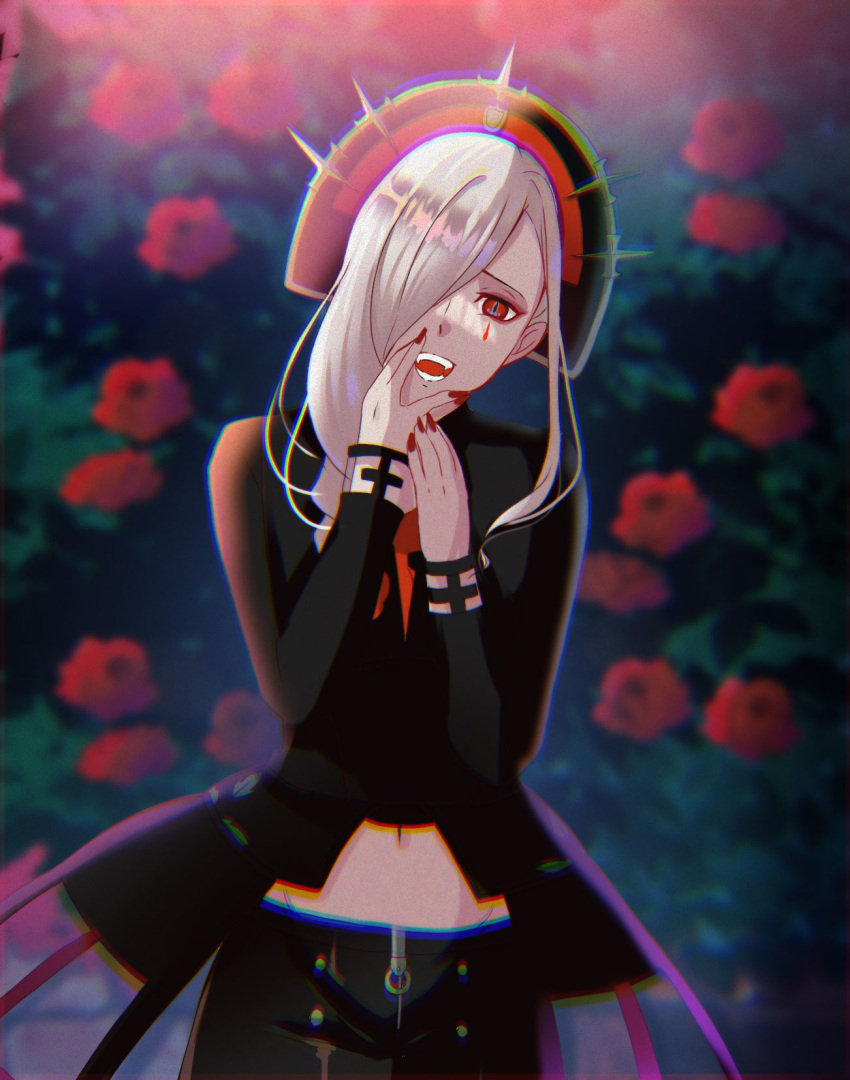azuma_kei, black_jacket, black_pants, blurry, blurry_background, facial_mark, flower, hair_over_one_eye
