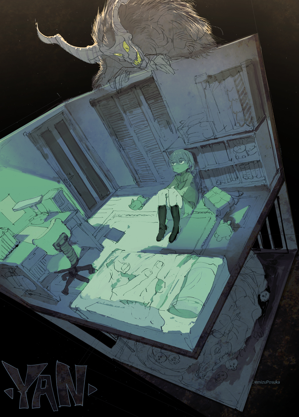 1girl, artist_name, bag, bed, bookshelf, carpet, cat, chair, corpse, dark, demizu_posuka, desk, dutch_angle, eye_contact, frown, glowing, glowing_eyes, hands, highres, horns, horror_(theme), kneehighs, long_hair, looking_at_another, looking_down, looking_up, moster, original, pillow, sketch, skirt, skull, stuffed_animal, stuffed_bunny, stuffed_toy