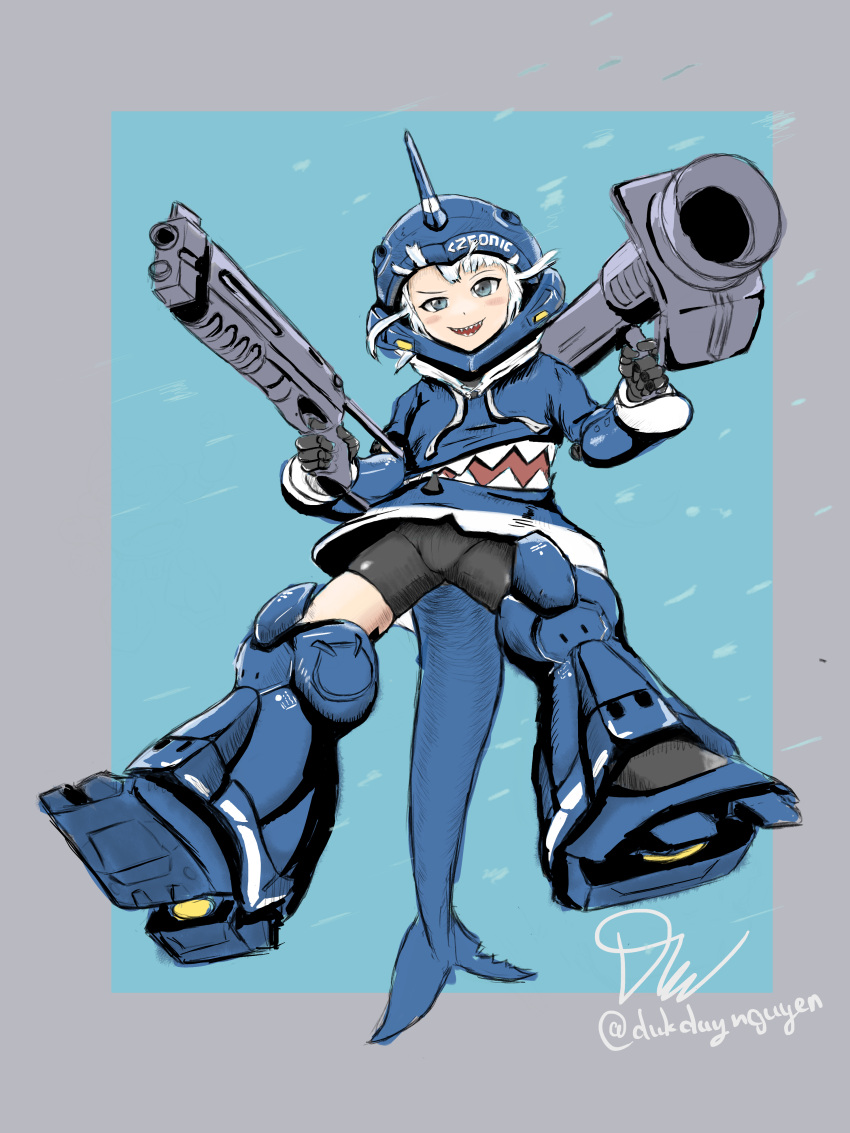 1girl, absurdres, bangs, bike_shorts, black_gloves, black_shorts, blue_background, blue_hoodie, border, cosplay, dual_wielding, gawr_gura, gloves, grey_border, gun, gundam, gundam_0080, highres, holding, holding_gun, holding_weapon, hololive, hololive_english, hood, hoodie, horns, kampfer_(mobile_suit), kampfer_(mobile_suit)_(cosplay), mecha_musume, open_mouth, outside_border, sharp_teeth, shorts, silver_hair, single_horn, smile, solo, teeth, twitter_username, uncleduk, virtual_youtuber, weapon