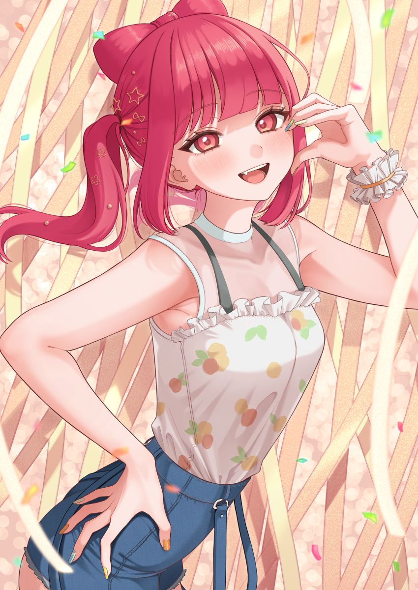 1girl, ;d, armpits, artist_request, bangs, belt_buckle, blush, bow