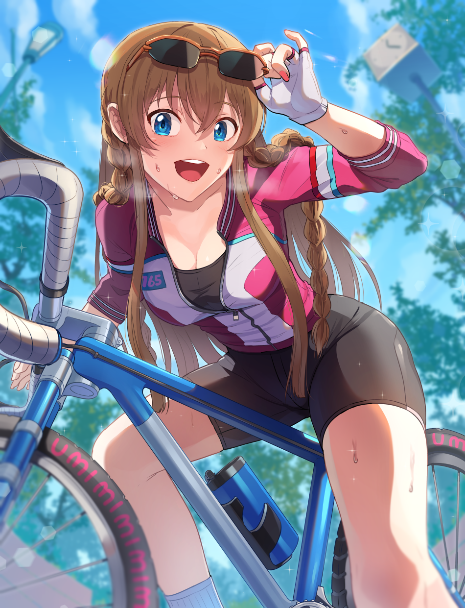 1girl, adjusting_eyewear, bangs, bicycle, bike_jersey, bike_shorts, black_shorts, blue_eyes