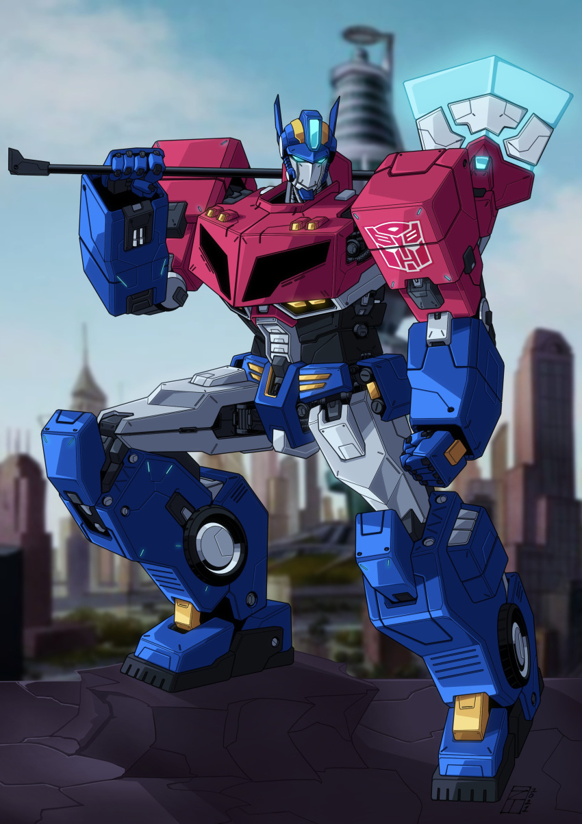 absurdres, autobot, axe, blue_eyes, clenched_hand, english_commentary, glowing, glowing_eyes