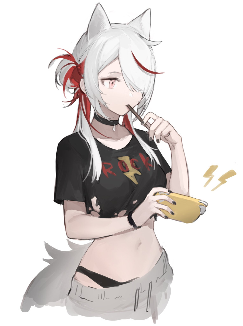 1girl, animal_ears, atelier_live, black_panties, black_shirt, cropped_shirt, eating, english_commentary