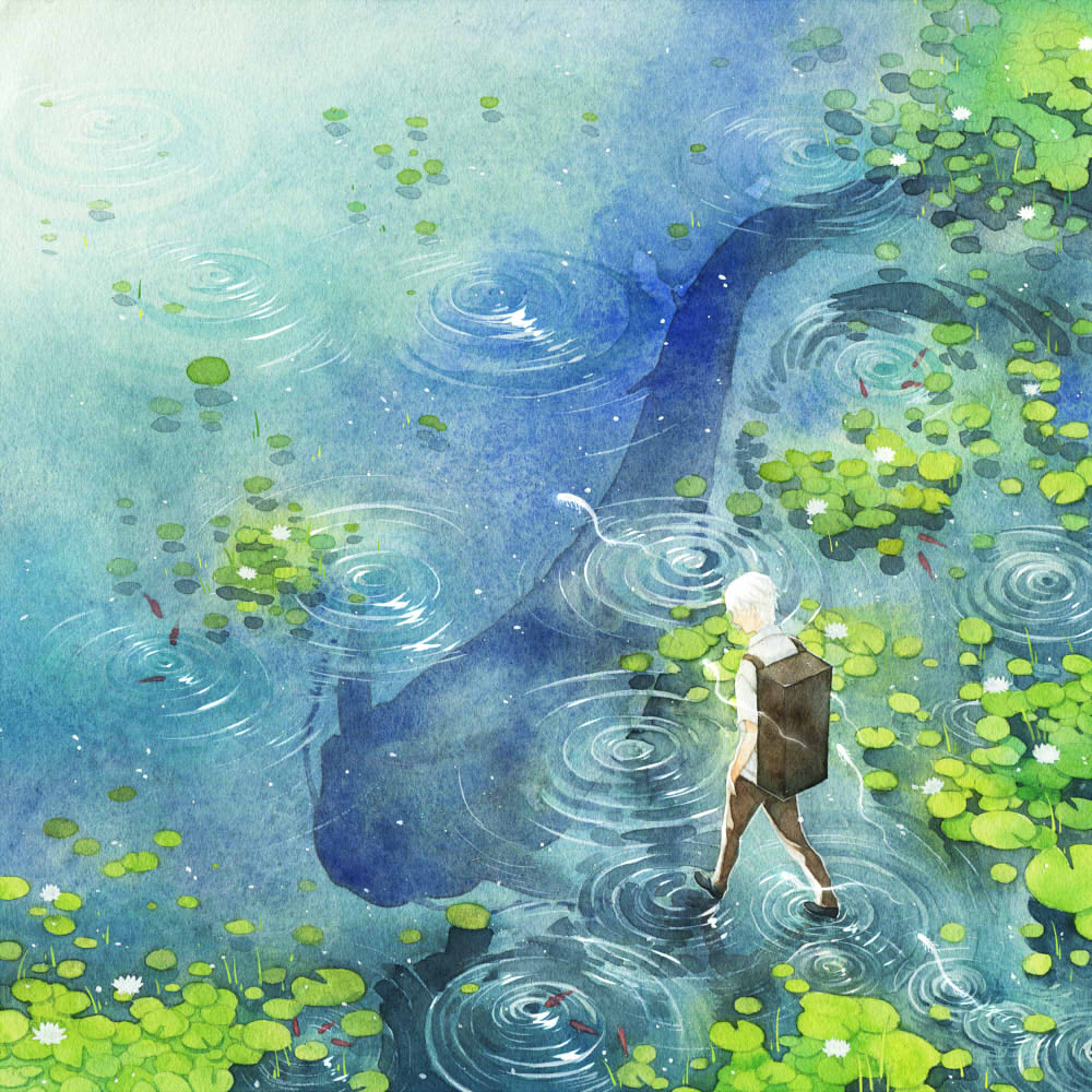 1boy, amber_t, backpack, bag, black_footwear, brown_pants, collared_shirt, commentary, facing_away, fish, flower, from_above, full_body, ginko, lily_pad, male_focus, mushi_(mushishi), mushishi, painting_(medium), pants, ripples, shirt, shoes, short_hair, short_sleeves, solo, standing, standing_on_liquid, traditional_media, walking, walking_on_liquid, water, water_lily_flower, water_world, watercolor_(medium), white_flower, white_hair, white_shirt, wide_shot