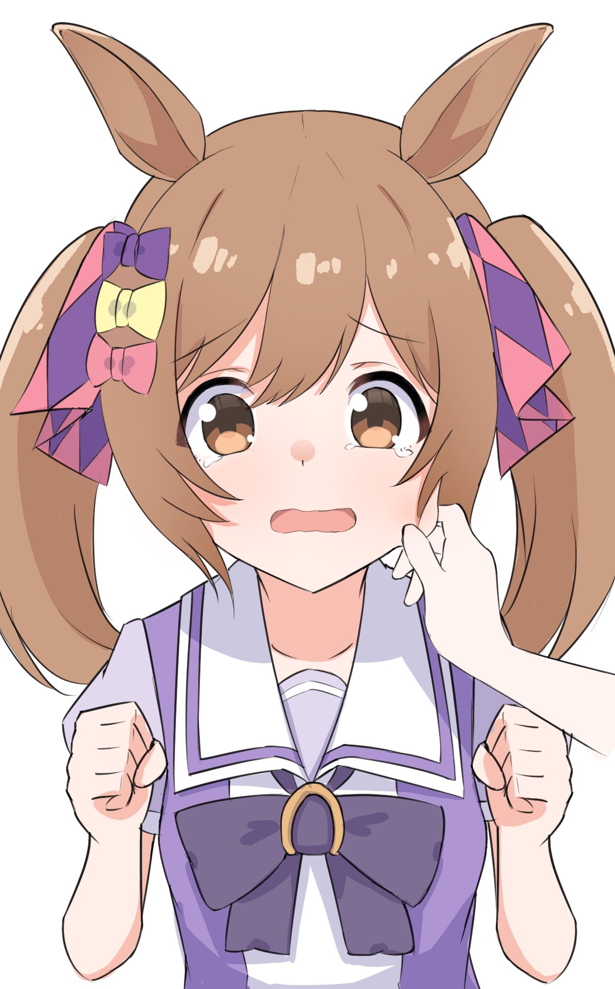 1girl, animal_ears, brown_hair, collarbone, commentary_request, hair_ribbon, highres, horse_ears, looking_at_viewer, medium_hair, open_mouth, pinching, pov, pov_hands, ribbon, school_uniform, simple_background, smart_falcon_(umamusume), solo, tears, tracen_school_uniform, umamusume, white_background, yukia2
