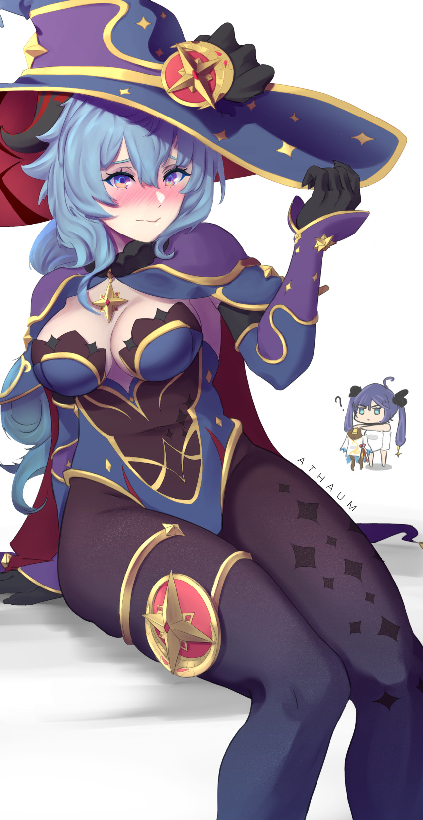 2girls, ?, absurdres, ahoge, arm_support, artist_name, athaum, black_gloves