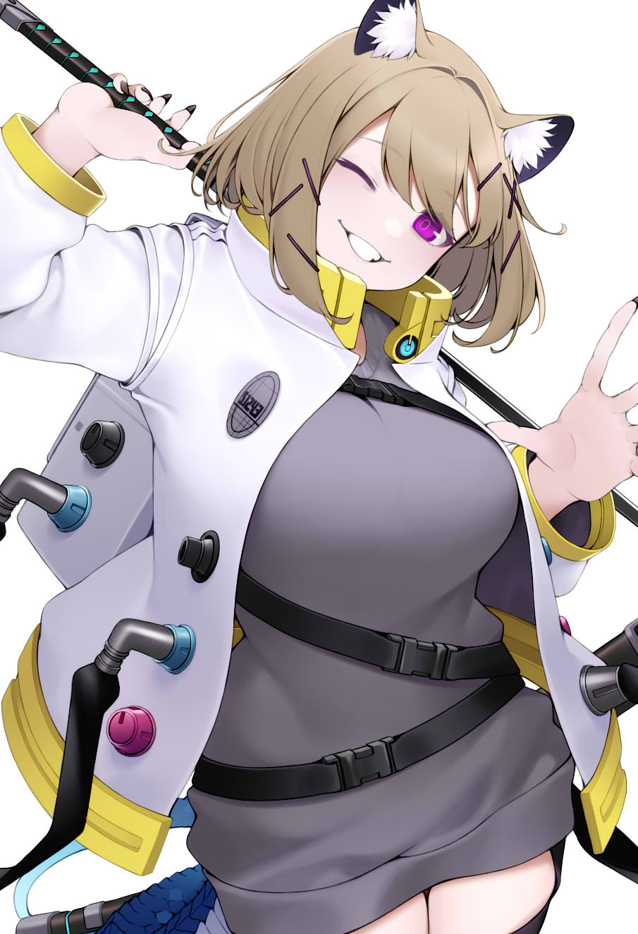 1girl, animal_ear_fluff, animal_ears, arknights, black_nails, breasts, coat, commentary