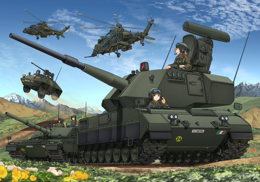 2girls, 6+others, action, agusta_a129_mangusta, aircraft, bangs, blonde_hair, blue_eyes, blue_sky, brown_hair, c1_ariete, camouflage, camouflage_jacket, closed_mouth, clouds, commentary_request, day, dirt_road, driving, english_commentary, flower, goggles, goggles_on_headwear, grey_hair, ground_vehicle, headphones, helicopter, helmet, highres, italian_flag, jacket, long_sleeves, looking_at_viewer, mikeran_(mikelan), military, military_uniform, military_vehicle, mixed-language_commentary, motion_lines, motor_vehicle, mountain, multiple_girls, multiple_others, open_mouth, original, otomatic, outdoors, road, short_hair, sky, smile, sweatdrop, tank, uniform, vehicle_request