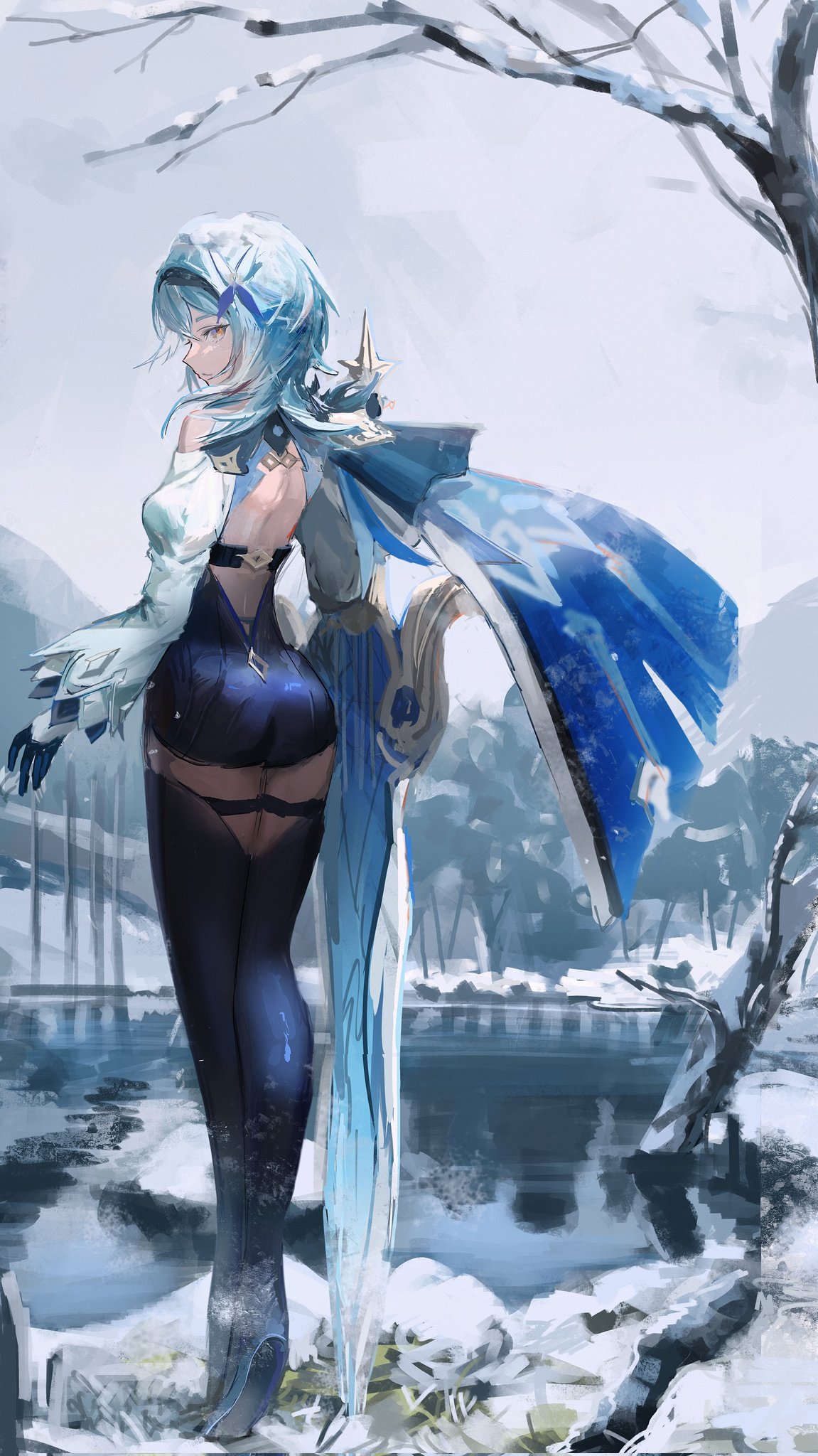 1girl, ass, bangs, blue_cape, blue_footwear, blue_hair, cape, eula_(genshin_impact)