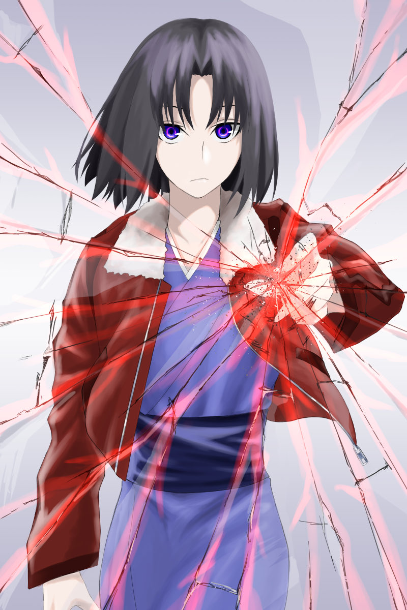 1girl, black_eyes, black_hair, blue_kimono, colored_eyelashes, egomeshi, fate/grand_order, fate_(series)