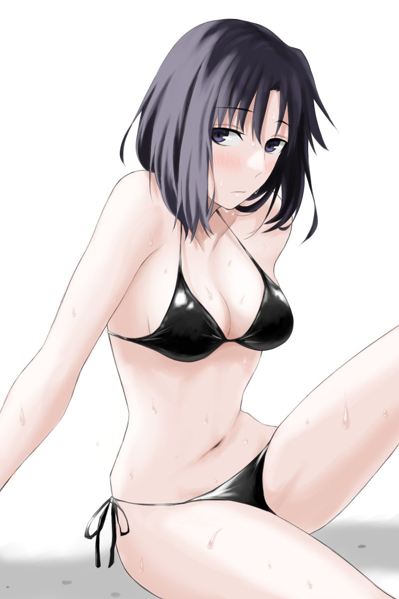 1girl, arm_support, bikini, black_bikini, black_hair, blush, breasts, egomeshi