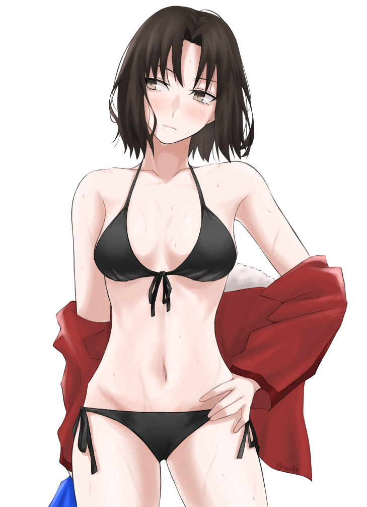 1girl, alternate_costume, bikini, black_bikini, blush, breasts, brown_eyes, brown_hair, commentary_request, egomeshi, groin, hand_on_hip, kara_no_kyoukai, light_frown, looking_to_the_side, medium_breasts, navel, off_shoulder, ryougi_shiki, side-tie_bikini, solo, swimsuit, thighs, wet, white_background