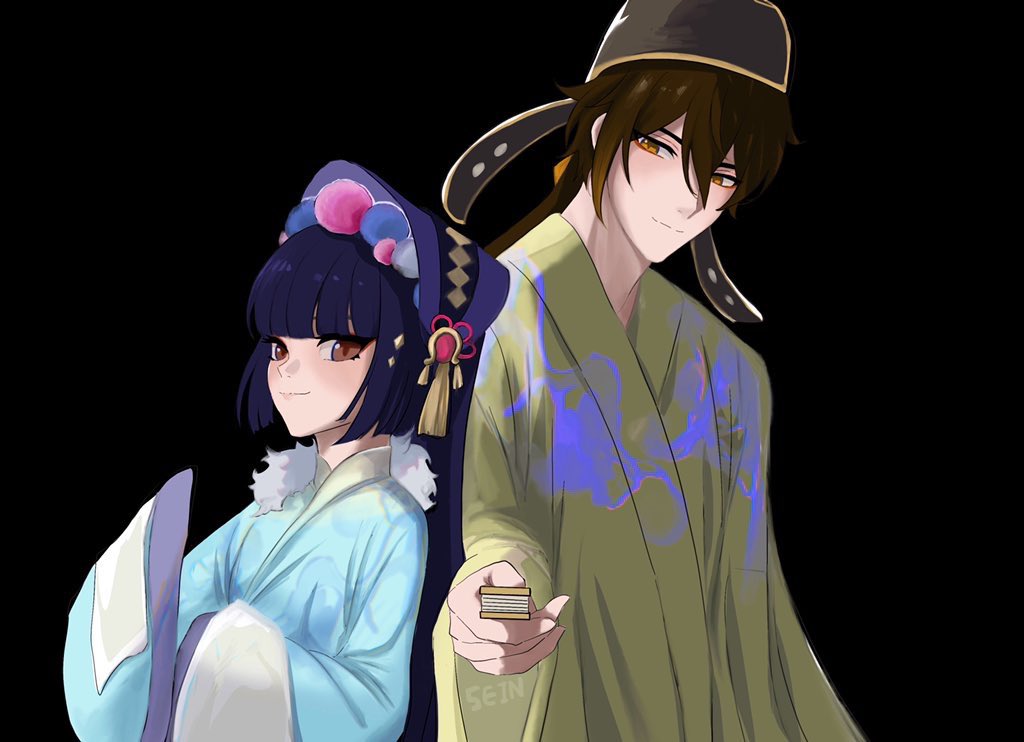 1boy, 1girl, alternate_costume, bangs, black_background, blunt_bangs, blush, bonnet