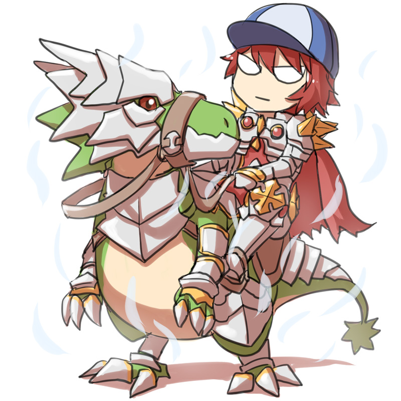 1boy, armor, armored_boots, aura, bangs, barding, baseball_cap, blank_eyes